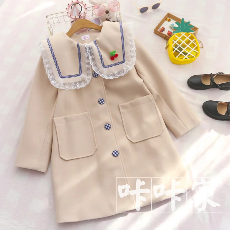 Beige Осенняя Новинка, Женская японская милая куртка с вишневой булавкой, кружевное темно-синее пальто с отложным воротником для девочек-подростков, студенческое милое шерстяное пальто в консервативном стиле - Цвет: Beige