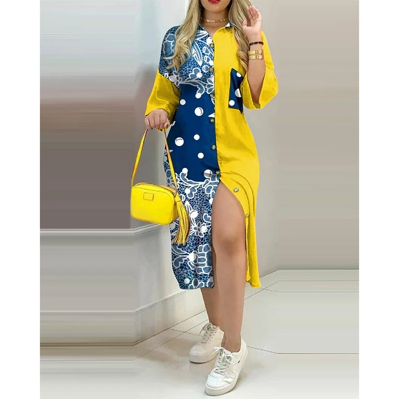 

Printed Retro Color Matching Dresses V-Neck Cardigan Temperament Long Dress Single Breasted Fashion Vestidos Ladies Clothes