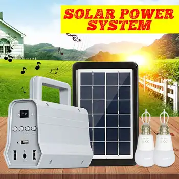 

Solar Power Panel Generator Kit bluetooth Speaker USB Charger Home System + 2 LED Bulbs for Outdoor Lighting Smartphone charging
