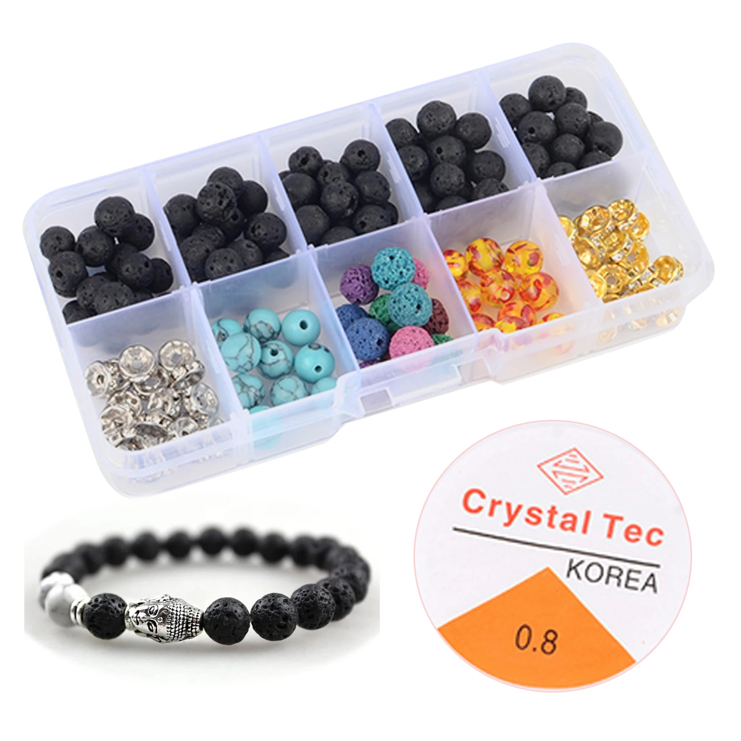 

170Pcs 8mm Fashion Lava Stone Volcanic Rock Loose Beads Set with 1 Roll Crystal String Toys Gifts DIY Bracelet Necklace Making