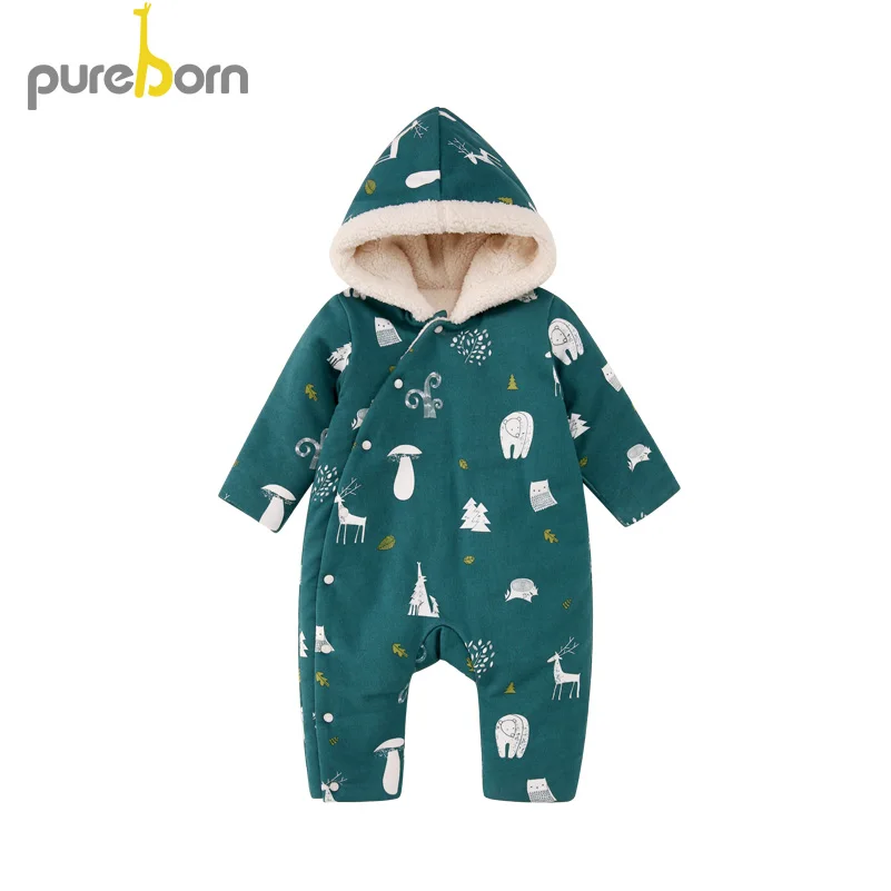 green Pureborn/Одежда для новорожденных девочек; Рождественский комбинезон; комбинезон для маленьких мальчиков с рисунком оленя; флисовая подкладка; детская зимняя одежда; костюм - Цвет: green
