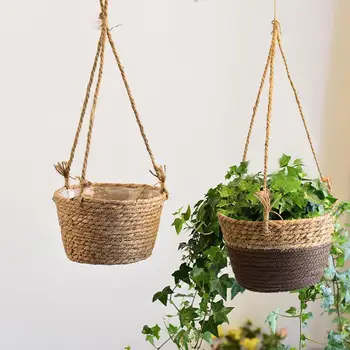 

Handmade Hanging Macrame Basket Rattan Planter Flowerpot Basket For Home Hanging Planter Decoration