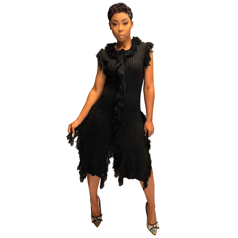 black dress Adogirl однотонное платье с кисточками в рубчик с круглым вырезом без рукавов высокой щели Повседневное платье миди модные женские платья для вечеринок в ночном клубе Vestidos - Цвет: black dress