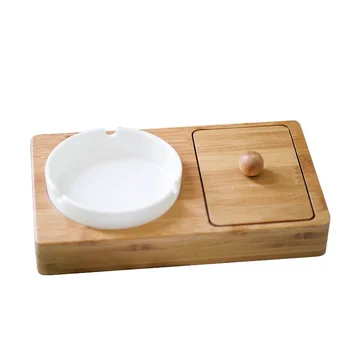 

New bamboo bottom tray ceramic ashtray with storage space small box creative household cigarette wood holder gift for boyfriend