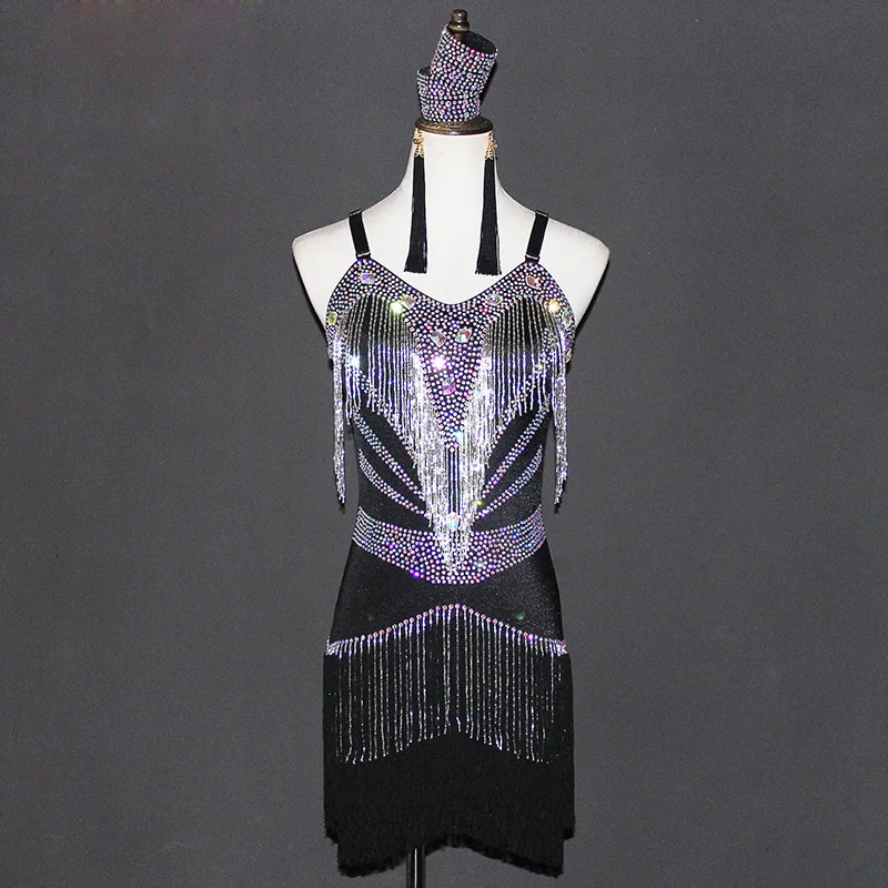 

High Quality Diamond Tassel Dress Women Latin Dance Competition Dress Adult/Kids Latin Dance Stage Performance Clothing DWY1974