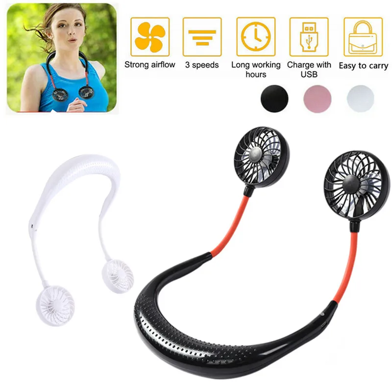 

Hanging Neck Mini USB Rechargeable Fan Creative Hands-free Small Fan Wearable Portable Neckband Travel Sports Fan With USB Cable