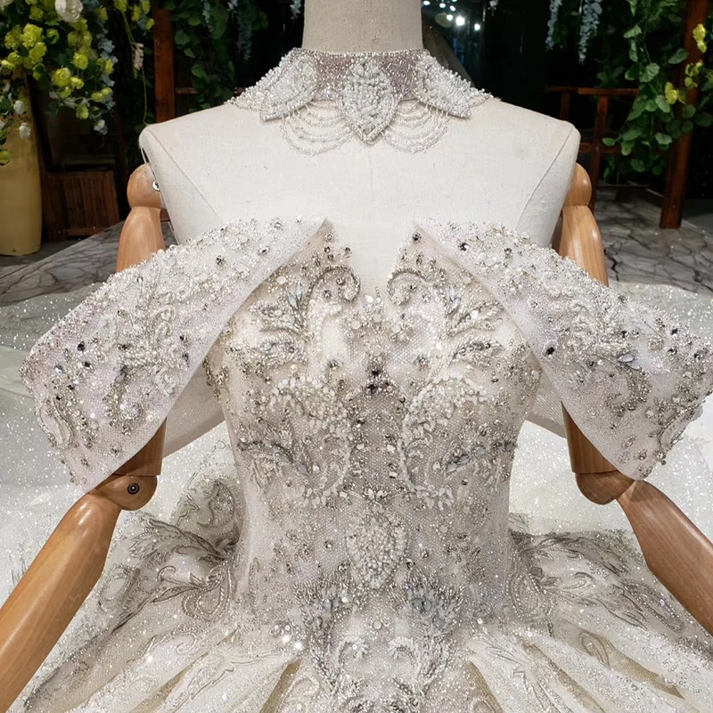 HTL988 vestido de noiva, свадебные платья принцессы, блестящее свадебное платье с открытыми плечами, воротником из бисера, цепочкой, королевским шлейфом, trajes de novia