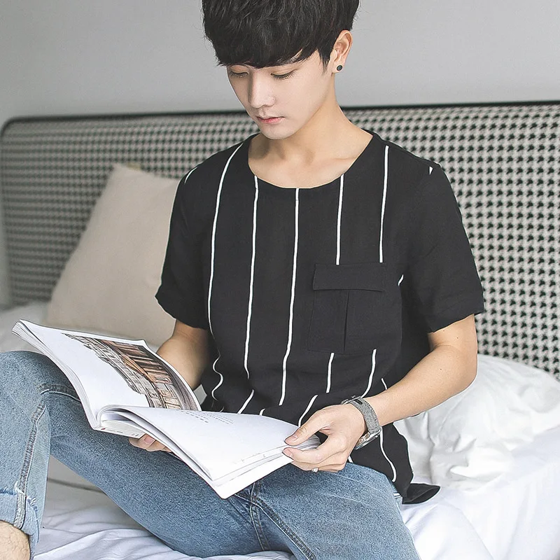 

Large Size New Style Summer Men Flax Short Sleeve Crew Neck Stripes Cotton Linen T-shirt T067 P40