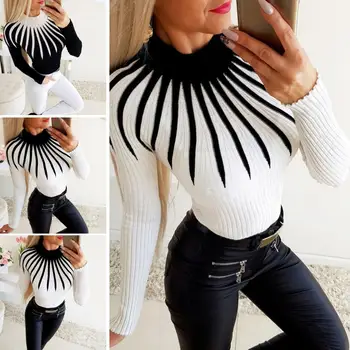 

2020 Women Fashion Color Block Long Sleeve Mock Neck Slim Knitted Pullover Sweater