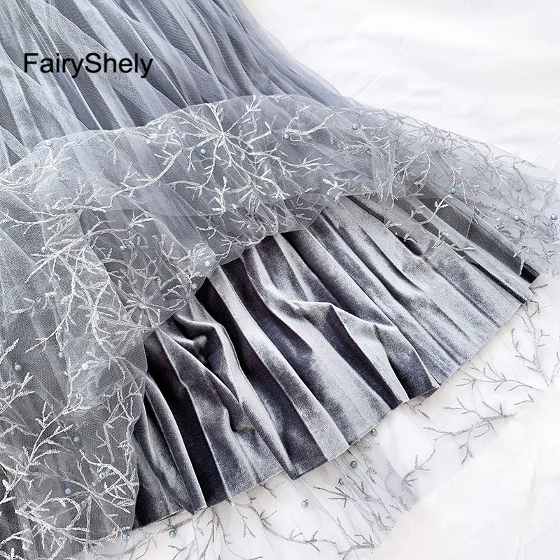 FairyShely, розовые бархатные гофрированные длинные юбки, женские осенне-зимние миди-юбка с высокой талией, черная эластичная лента, бисер, фатиновая юбка