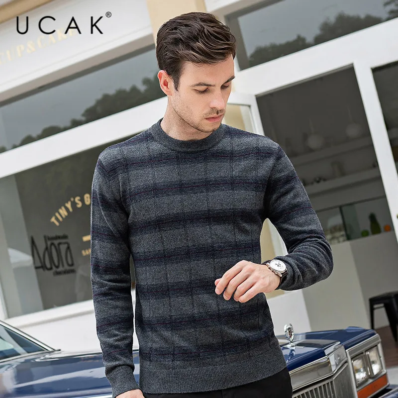 Promo UCAK Brand Pure Merino Wool Sweater Men Casual Striped Pull Homme O-Neck Pullover Men Autumn Winter Warm Cashmere Sweaters U3093