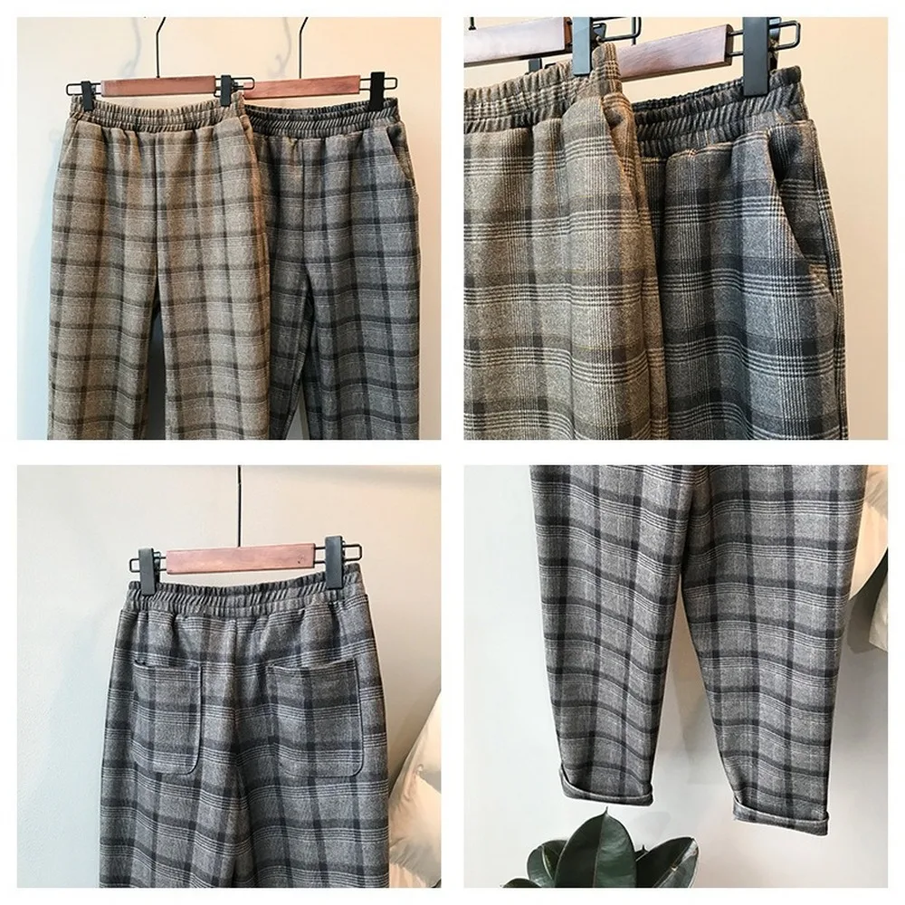 Casual pants women's autumn and winter new Korean version LOOSE WOOL PLAID Harun pants high waist 9-point pants
