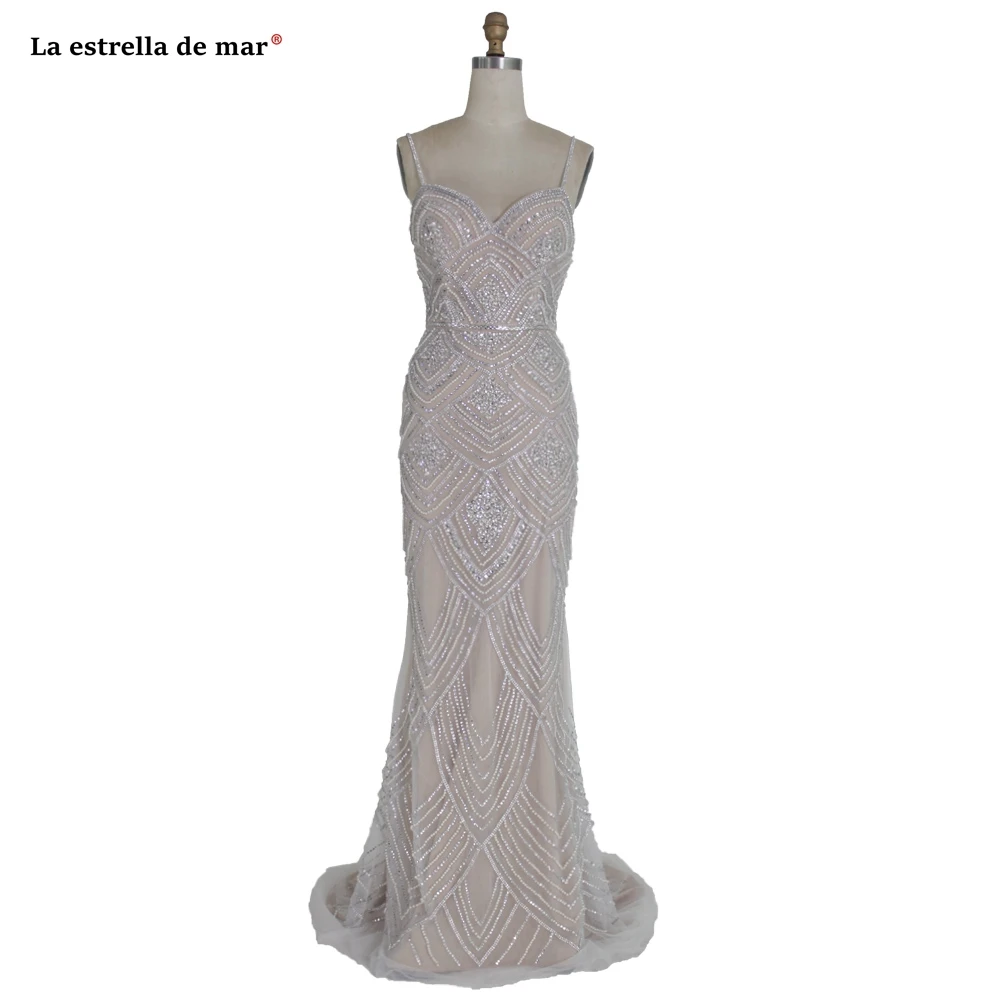 Robe de soiree2019 Кристалл Спагетти StrapV шеи Серебро Шампанское слоновой кости сексуальные Русалка Вечерние платья длинное роскошное бальное платье