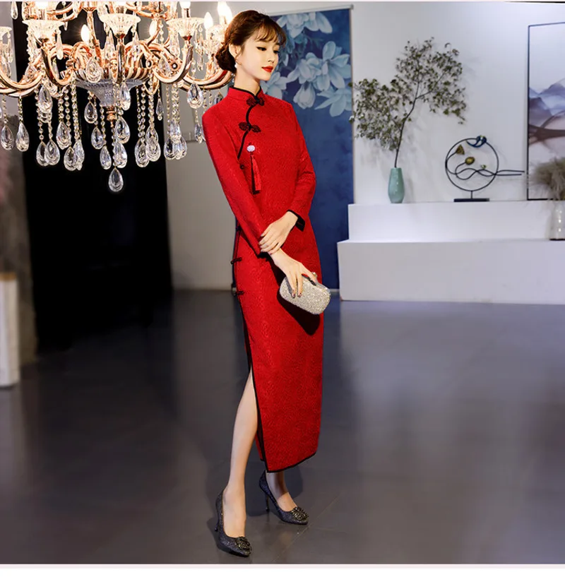 Sheng Coco с длинным рукавом Кружева китайские платья Cheongsam свадебное платье традиционное вечернее платье женская Новогодняя одежда осень