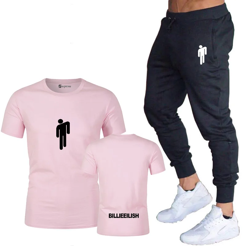 Pink Billie Eilish, модная брендовая одежда, мужская летняя футболка+ штаны, мужской костюм, спортивная одежда, мужская одежда для бега, два предмета, костюм для фитнеса - Цвет: Pink