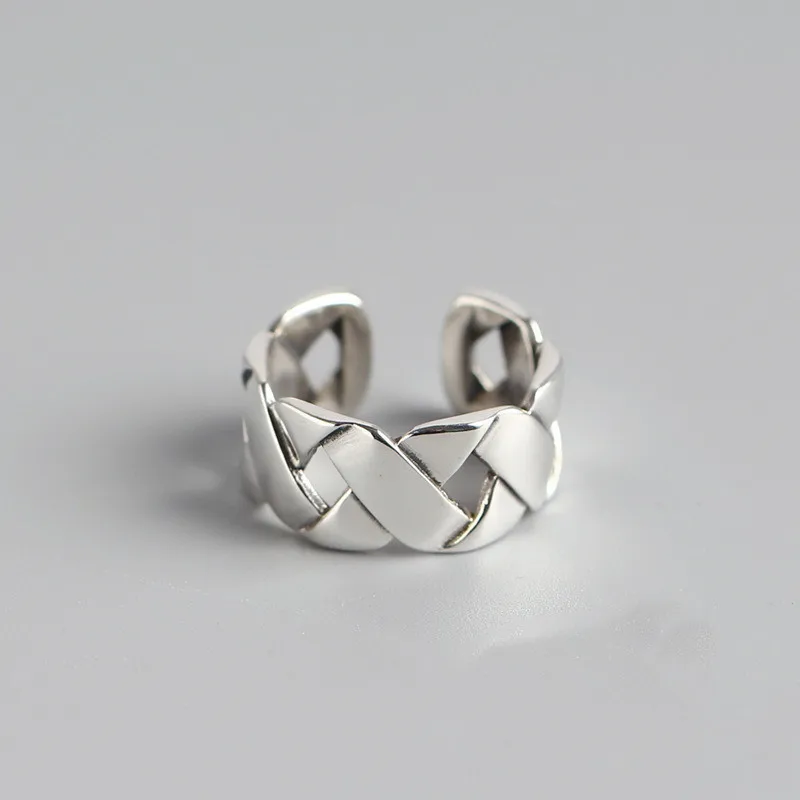 

925 Sterling Silver Personality Trend Wide-Faced Braided Opening Ring Fine Jewelry For Women Party Elegant Accessories