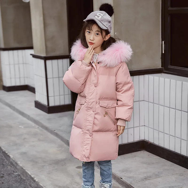 Зимняя куртка-пуховик для девочек, с меховым капюшоном, российское зимнее пальто г. Новая Детская Куртка пуховая верхняя одежда с перьями длинная подростковая одежда - Цвет: pink