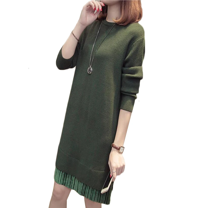 

Autumn Winter Sweater Dress Women New Loose Long-sleeved Knit Pullover O-neck Large Size Female Mid-Long Dress Bottoming Shirt