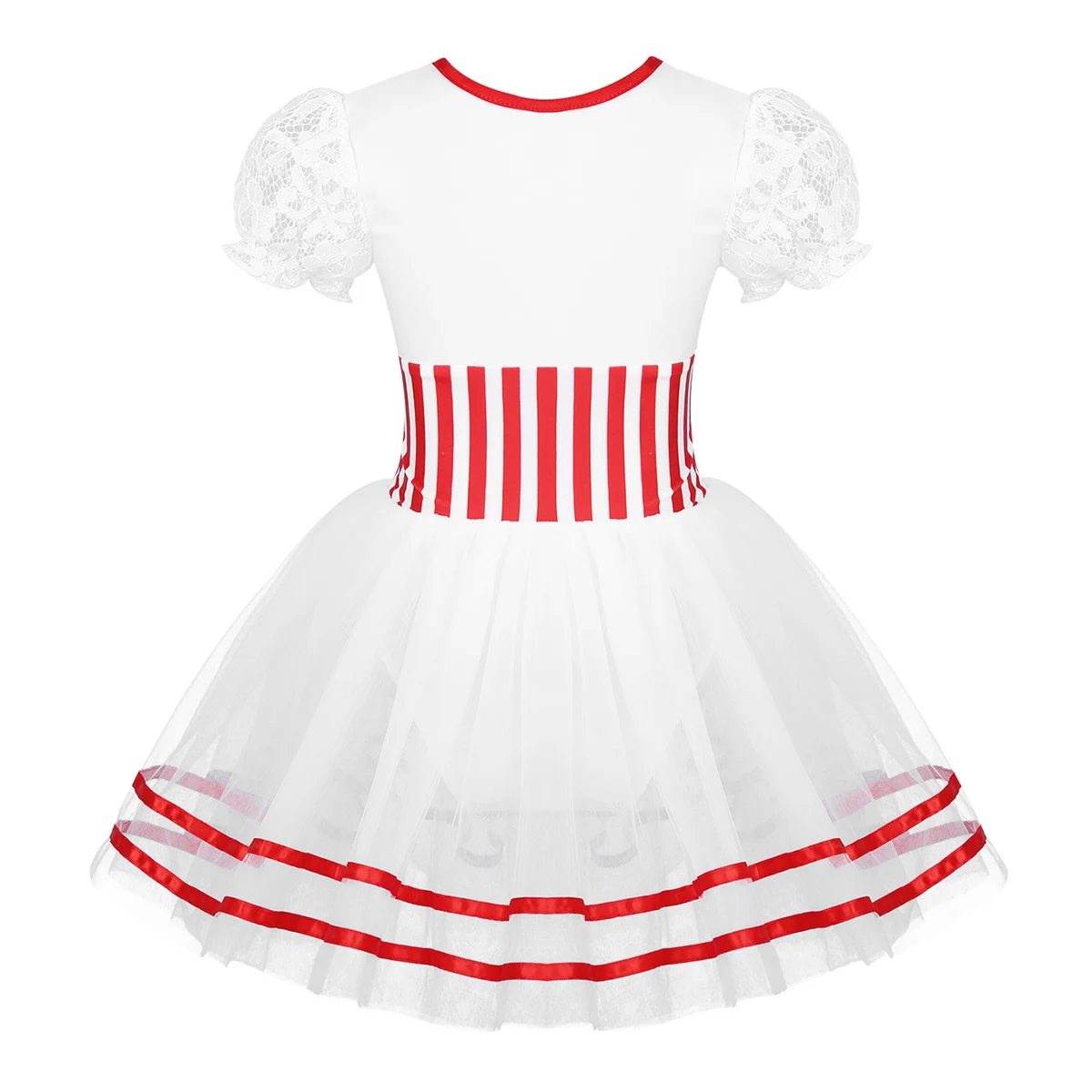 Kids Girls Tutu Dress Christmas Costume Short Lace Puff Sleeves Figure Skating Baton Twirling Mesh Ballet Dance Leotard Dress