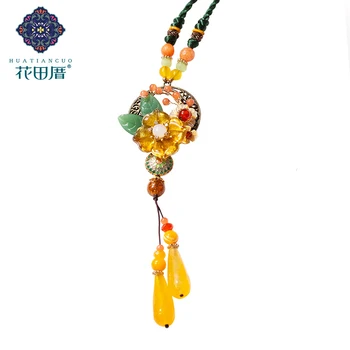

Yellow Glass Flower Yellow Section J ade Bead Ethnic Pendant Necklace RopeChain Green Glass Leaves Handmade Accessories CL190604