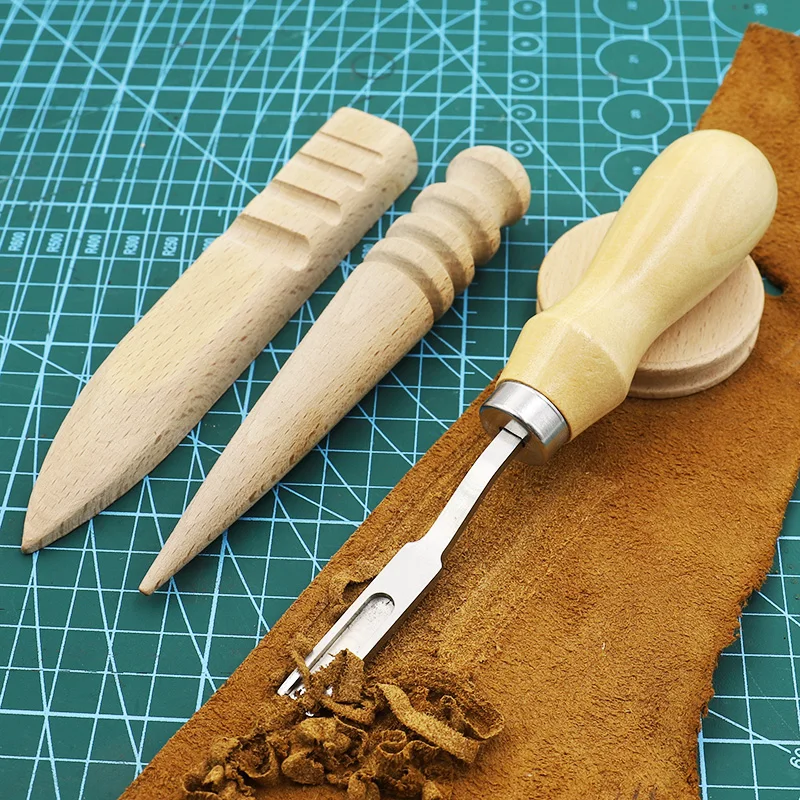 DIY Handmade French Style Leather Edge Beveler Cutting Skiving Trimming Edge Cutting Knife for Leather Craft Tool Wood Handle