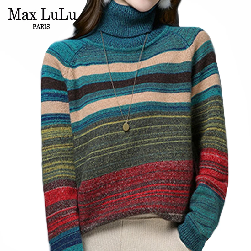 Max LuLu модная женская хлопковая трикотажная одежда женские полосатые утепленные свитера винтажные пуловеры с высоким воротником Зимние джемперы