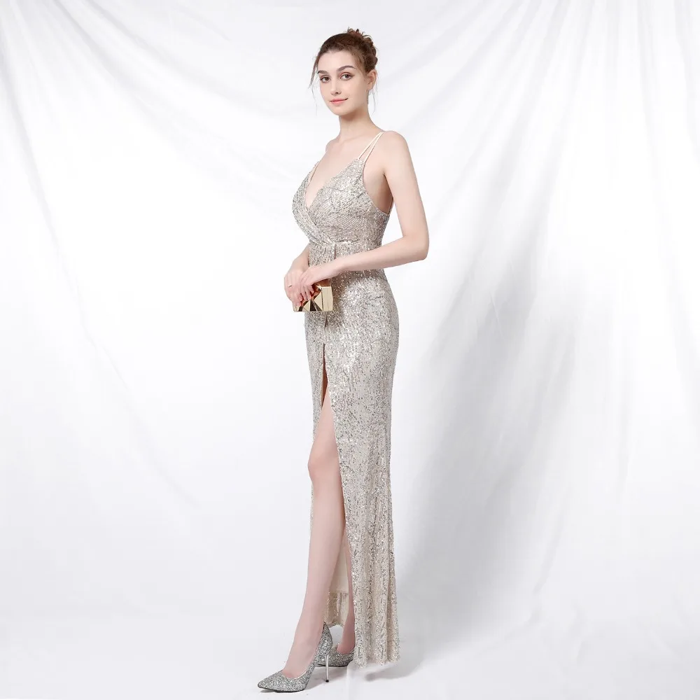 Gold Sequins Spaghetti Strap Deep V Neck Backless Open Slit Luxury Party Dresses For Women 2020 Fashion Elegant Night Club Dress (7)