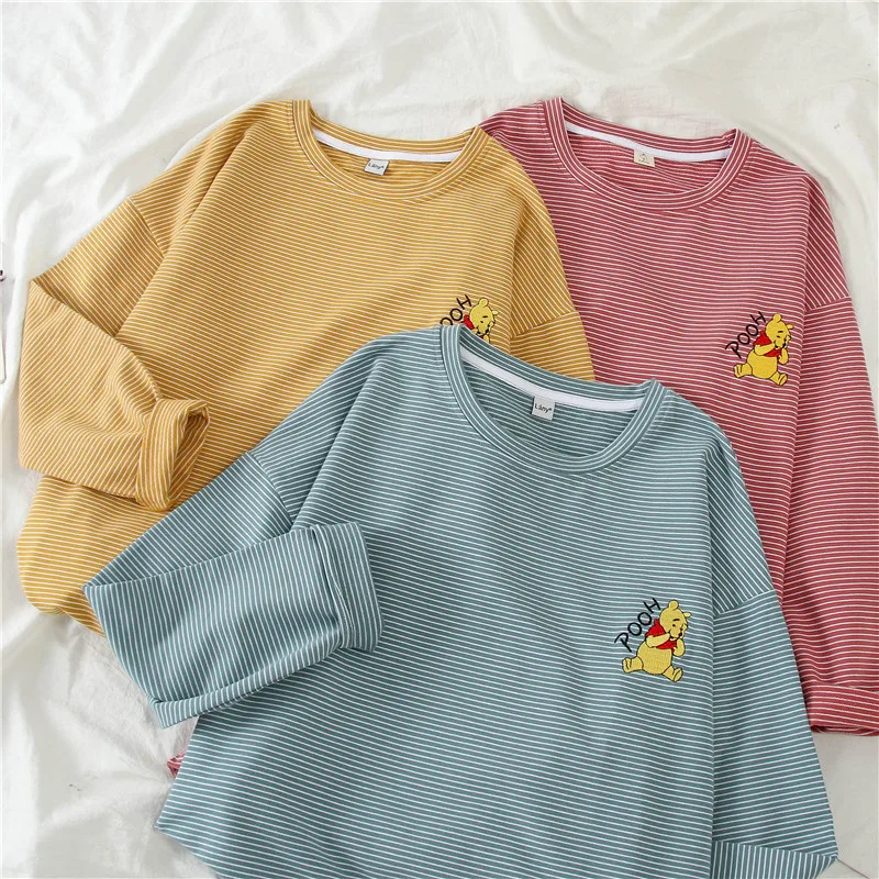 

Autumn T-shirt Women 2019 New Long Sleeve Striped Cartoon kawaii The Pooh Bottoming Shirt Female Chic Autumn Korean Students