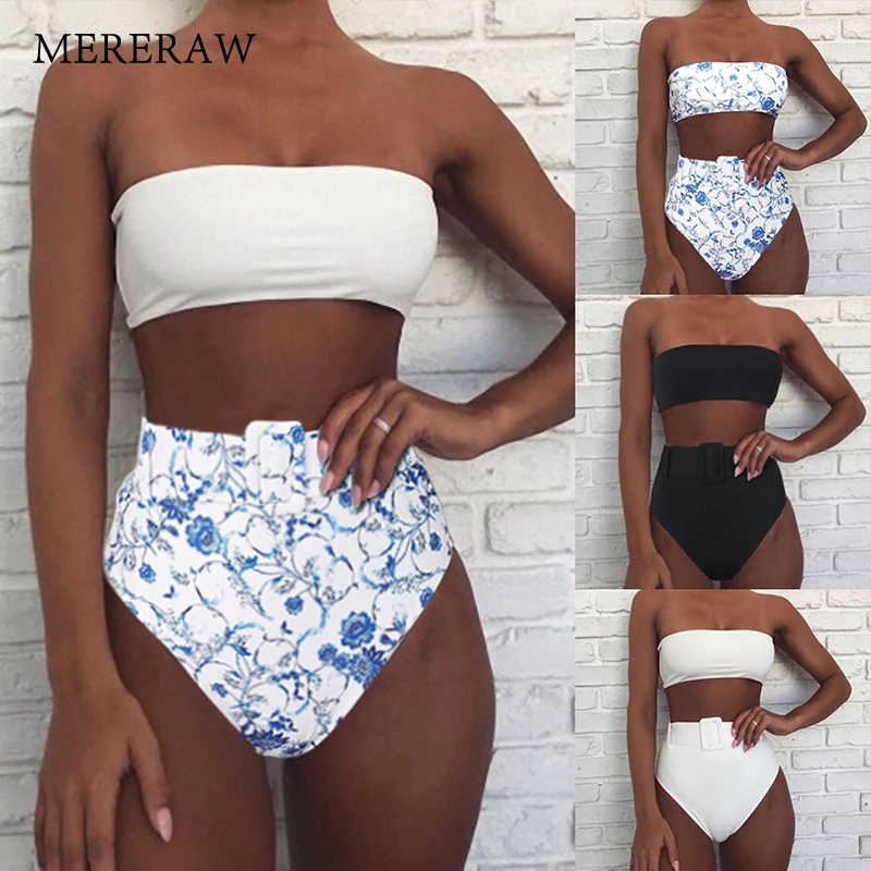 

2020 Europe and America Explosion Bikini Swimsuit High Waist Ladies Blue and White Porcelain Print Split Swimsuit Quick-drying