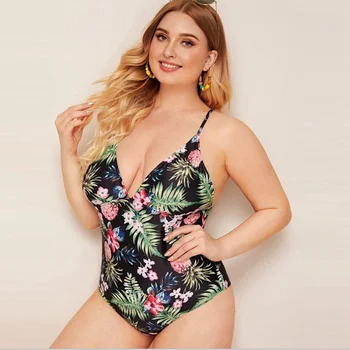 

Plus Size Floral Swimsuit Plunge V Neck One Piece Swimwear Women Sexy Bathing Suit Bodysuit Brazilian Biquini High Cut Monokini