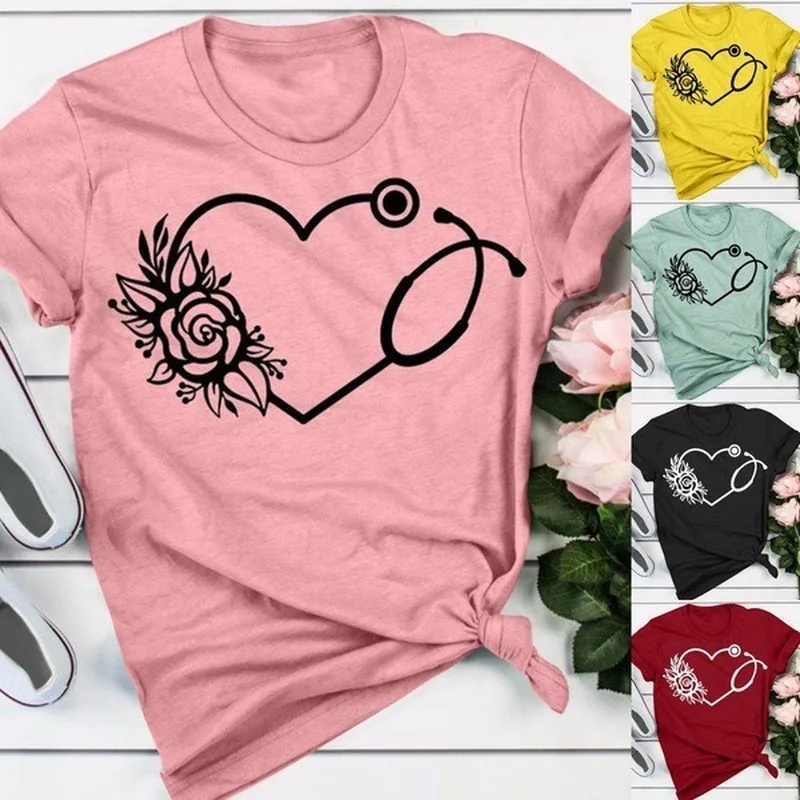 

Rose Heart Stethoscope Print T Shirt Women Short Sleeve O Neck Loose Tshirt Summer Women Tee Shirt Tops Camisetas Mujer