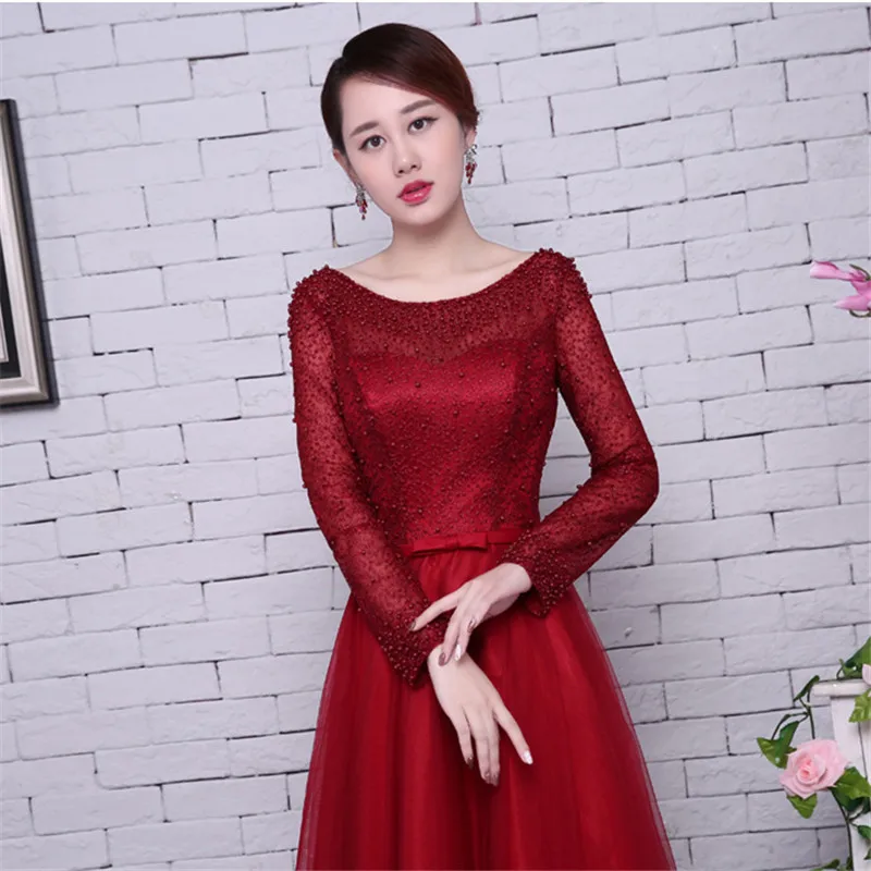 Online Es der YiiYa Red Long Sleeves Perlen Backless Tüll Blume Spitze Up Luxus Party Formale Kleid Bodenlangen Abendkleider LX062