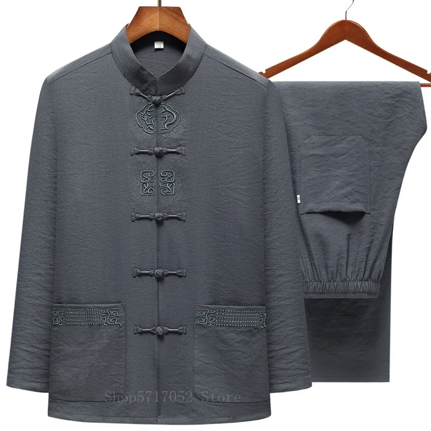 Men's Cotton Linen Wu Shu Clothing Traditional Chinese Retro Embroidery Hanfu Long Sleeve Shirt Long Pant Kung Fu Tai Chi Suit