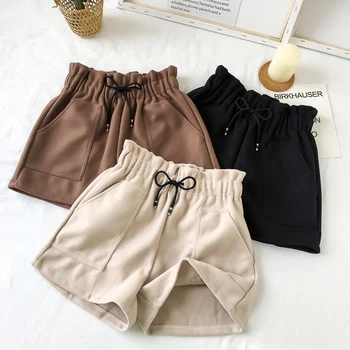 

Women Shorts Autumn Winter High Waist Shorts Solid Casual Loose Thick Warm Elastic Waist Straight Shorts Pockets