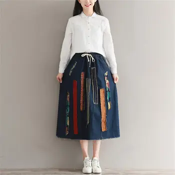 

New Mori Women's Autumn Art Retro Patch Elastic Waist Loose Frayed Edging Denim Skirt Female Jeans Girl Casual Vintage Jupe K225