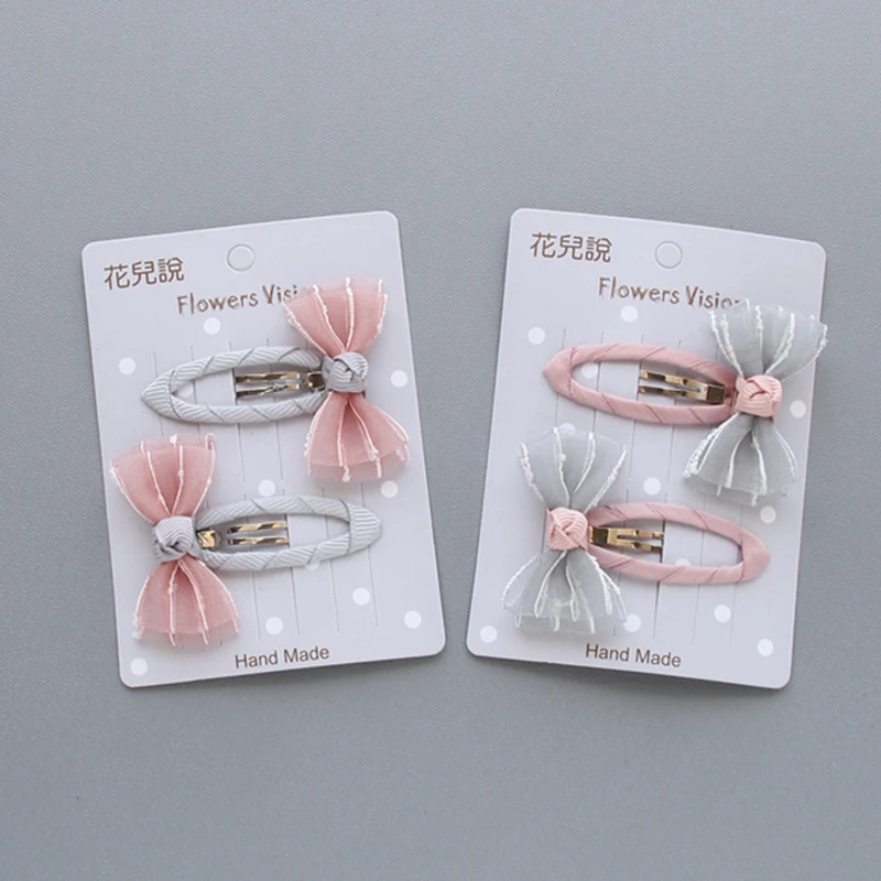 Chiffon Bowknot Unique BB Clip Grid 2PCS/Set Handmade For Girls Kids Hair Accessories With Ribbon Covered Satin Stripe