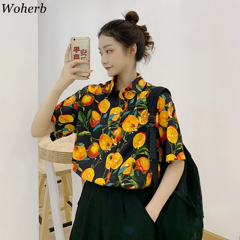 Woherb летняя Новинка с фруктовым принтом рубашки коротким рукавом винтажные