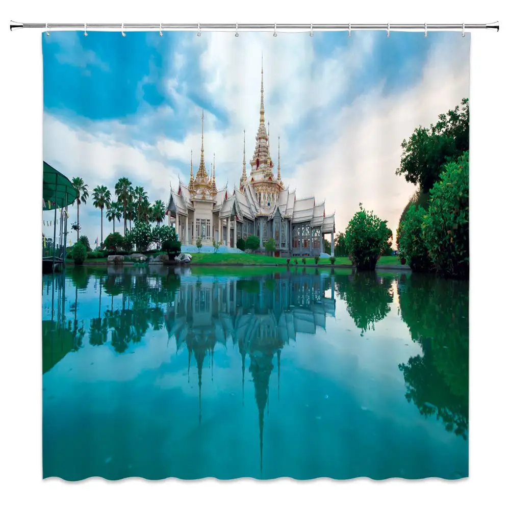 

Building Shower Curtain Decor Green Palm Tree Meadow Lawn Lake River Pond Pool Scenery Landscape Creative Bathroom Curtain