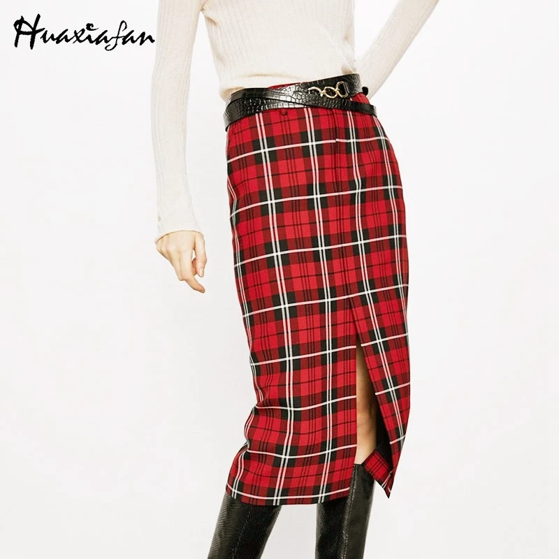 Huaxiafan Women Skirt Red Plaid Women Split Long Skirts Straight High Waist Vintage Stylish Faldas Mujer Moda Office Ladies Wear Huaxiafan Women Skirt Red Plaid Women Split Long Skirts Straight High Waist Vintage Stylish Faldas Mujer Moda Office Ladies Wear