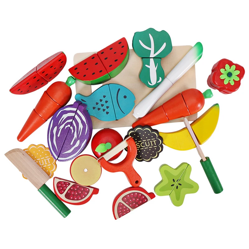Kids Educational Wooden Kitchen Toys Set Pretend To Play Cutting Fruits Vegetables Cooking Food Simulation Kitchen Toys Children