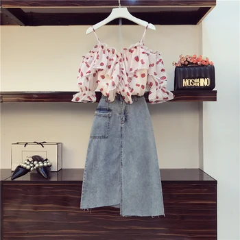 

2020 New Summer Fashion Women's Sets V Neck Ruffles Floral Chiffon Top + Slim Hip Denim Skirts Small Fresh Casual Students Suits