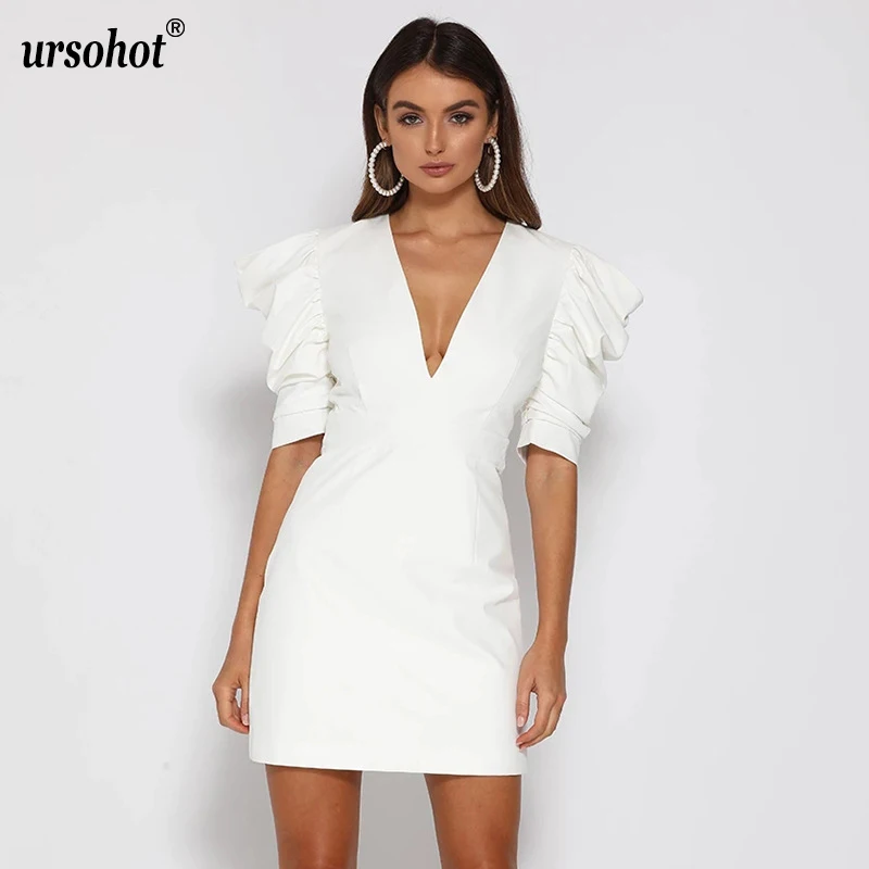 Ursohot белое платье-блейзер с глубоким v-образным вырезом, женское платье с пышными рукавами и открытой спиной, осенне-зимнее платье, элегантное платье для вечеринок vestidos