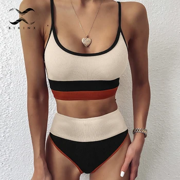 

Sexy ribbed bikinis 2020 woman Bandeau swimsuit female bathers Sports biquini Patchwork two piece suit High waist bathing suit