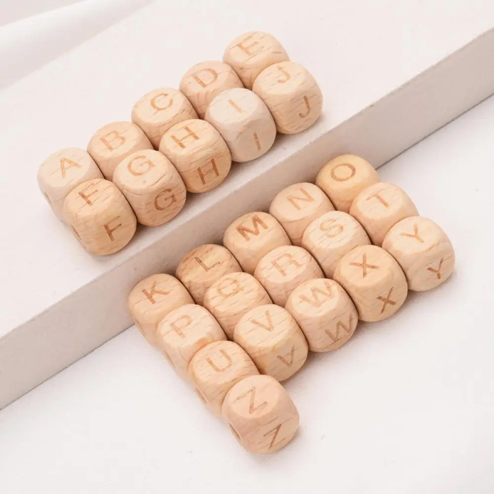 50Pcs/Lot Square Wooden Alphabet Beads 12mm English A-Z Personalized Name Letter Beads for Baby Nursing Pacifier Chain Accessory 2