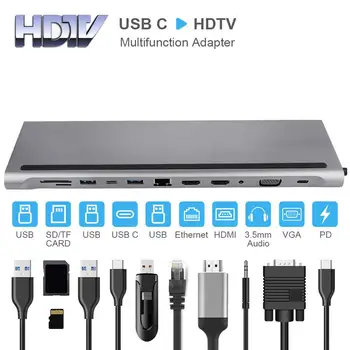 

12in1 USB C HUB to Multi HUB USB 3.0 HDMI /SD/TF Card Reader/ 60W PD chargerAudio /RJ45 Adapter for MacBook type c usb splitter
