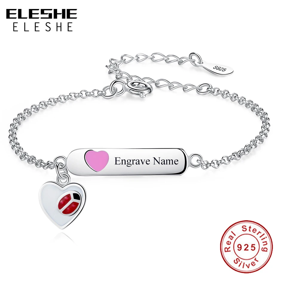 

ELESHE Custom Baby Name Bracelet 925 Sterling Silver Animal Ladybug Heart Charm Bracelet Personalized Girl Boy Birthday Gift