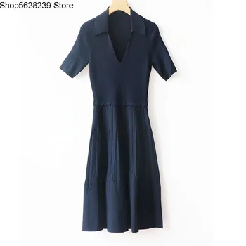 

French Elegant Women's Wear 2020v Collar Slim Fit Temperament Short Sleeve Lapel Knitting Dress Zi