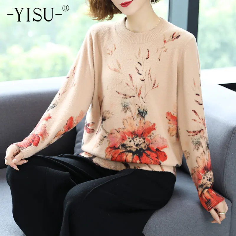 YISU-suéter con estampado de flores para mujer, jersey de manga larga con cuello redondo, informal, holgado, de visón de imitación, Otoño e Invierno