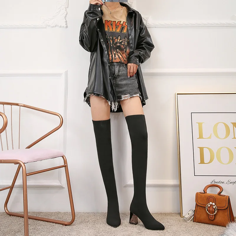 

Over-the-knee Boots Women's Chunky-Heel 2019 Autumn & Winter New Style Pointed-Toe Boots Women's Slimming Versatile Fly Woven Bl