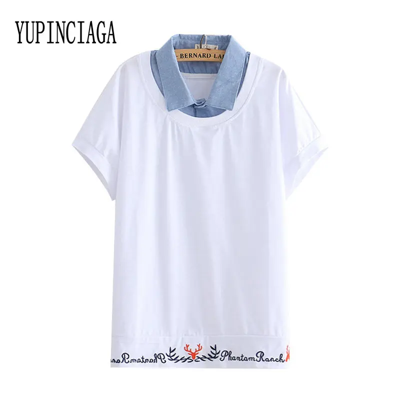 

YUPINCIAGA Harajuku Style Summer New Ladies Fake Two-piece Lapel Letter Antlers Embroidery Short-sleeved White T-shirt Top